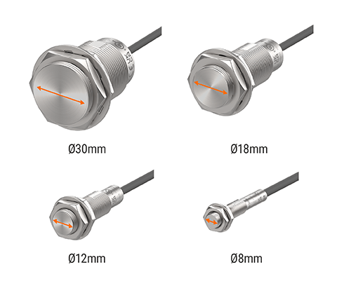 Датчики с размерами поверхности обнаружения Ø30mm, Ø18mm, Ø12mm и Ø8mm в различных вариантах проводки.