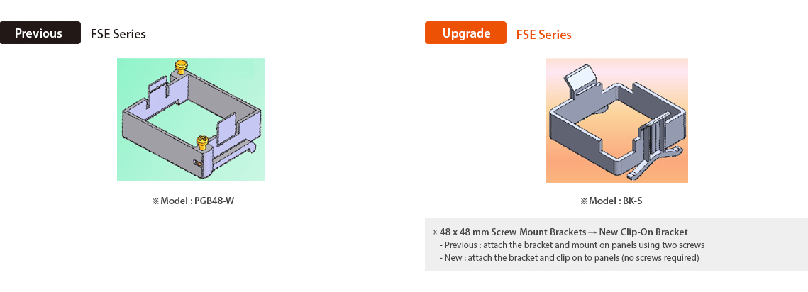 Предыдущая модель : FSE Series ※Model : PGB48-W, Обновление : FSE Series ※Model : BK-S *48x48mm  Screw Mount Brackets → New Clip-on Bracket -Предыдущая модель : attach the bracket and mount on panels using two screws, -new:attach the bracket and clip on to panels (no screws required)